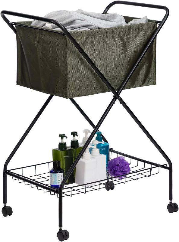 Photo 1 of ALIMORDEN Foldable non-woven fabrics Laundry Cart with Wheels, Rolling Laundry Hamper with 4 Wheels, 2 Tier Metal Laundry Basket Storage Hamper with Removable Canvas Laundry Bag, Army Green