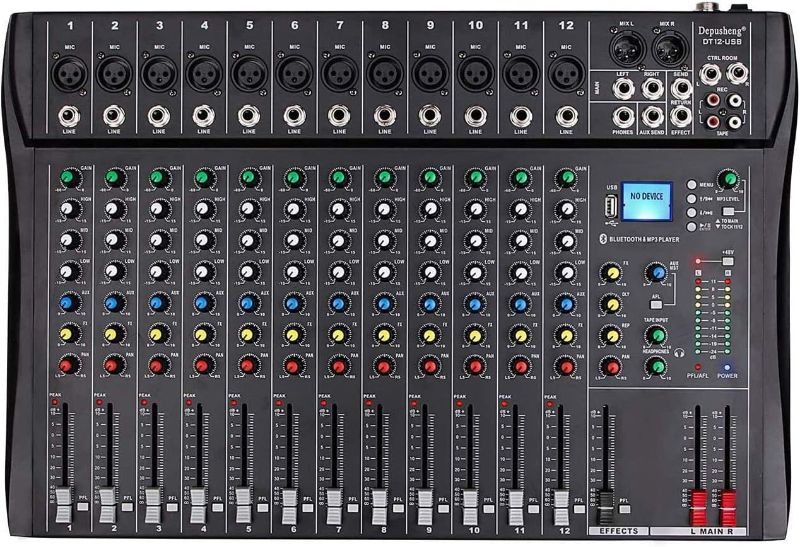 Photo 1 of ***FOR PARTS ONLY***
Depusheng DT12 Studio Audio Mixer 12-Channel DJ Sound Controller Interface w/USB Drive for Computer Recording Input, XLR Microphone Jack, 48V Power, RCA...