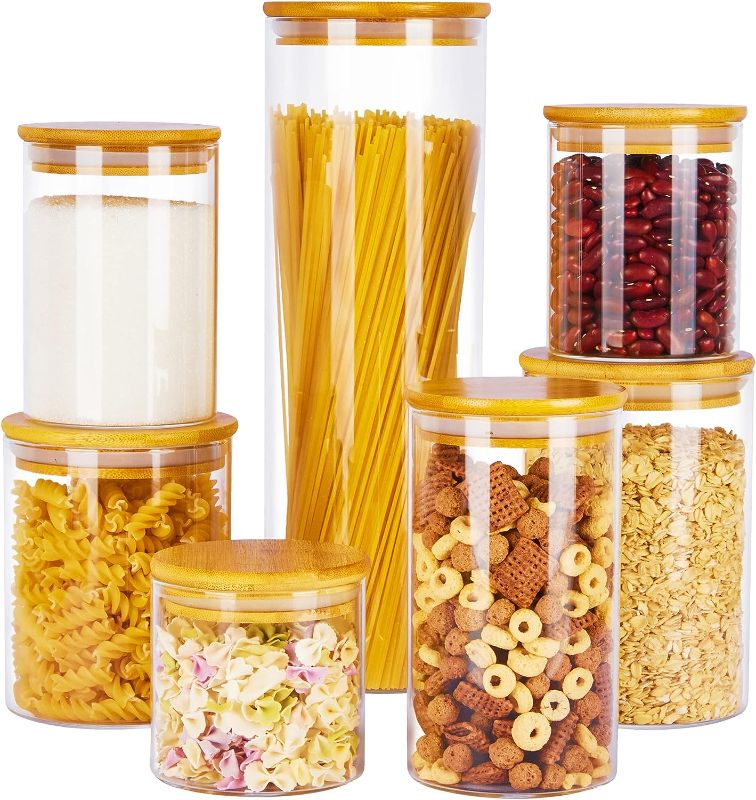 Photo 3 of 
Vtopmart Glass Food Storage Jars, 7 Pack Food Containers with Airtight Bamboo Wooden Lids for Pasta, Cookies, Nuts, Coffee Beans, Cereal, Glass Canisters...