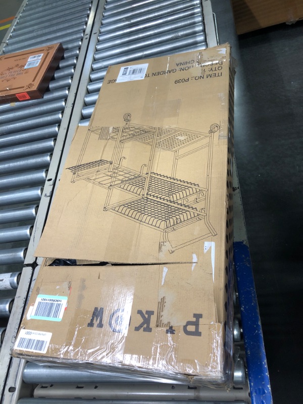 Photo 1 of PLKOW Garden Tool Organizer with Wheels, Garden Tool Rack, Yard Tool Holder for Rakes, Shovel, Fertilizer, Garden Tool Storage for Garage, Shed, Outdoor Deluxe Rack