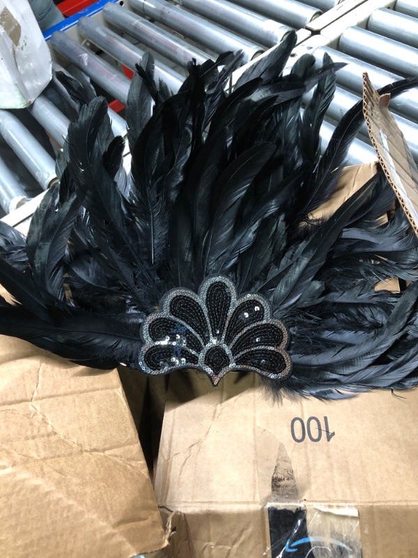 Photo 2 of Women's Black Feather Headband Carnival Headpiece Pageant Headband 1920s Flapper Headband Black-5