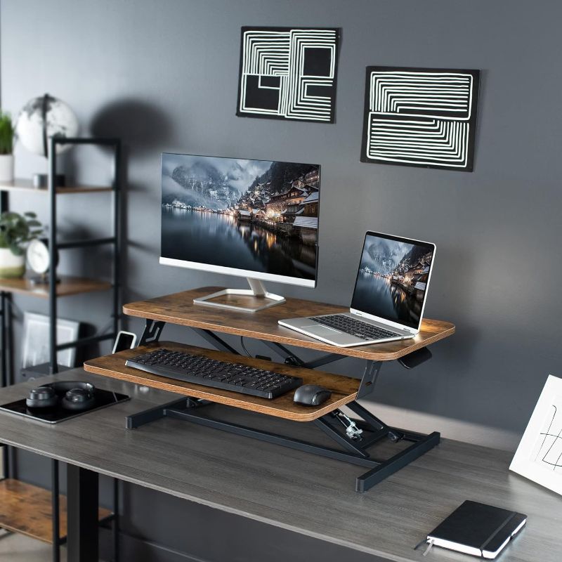 Photo 2 of VIVO Height Adjustable 32 inch Stand Up Desk Converter, Quick Sit to Stand Tabletop Dual Monitor Riser Workstation, Rustic Vintage Brown Desktop, Black Frame, DESK-V000SN