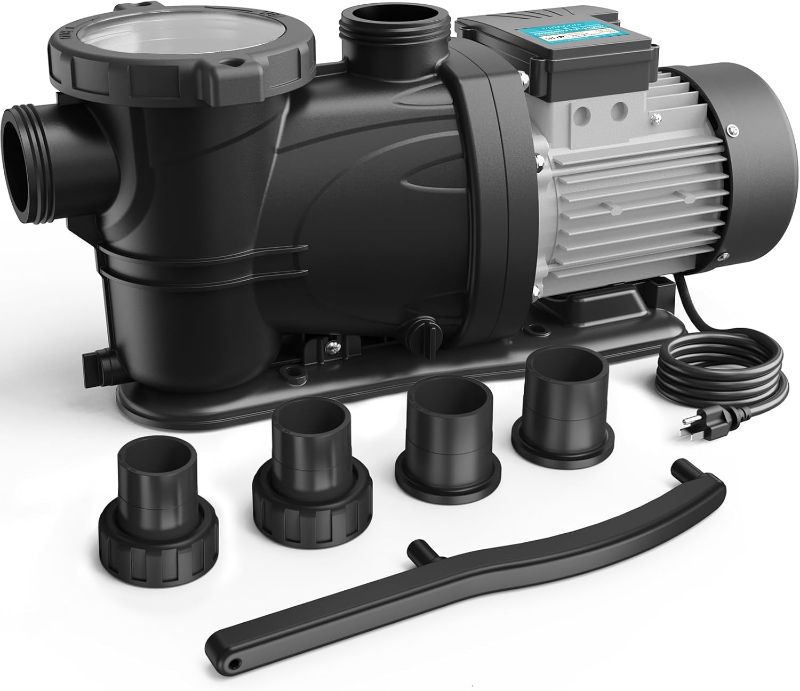 Photo 1 of 3 HP Pool Pump, 8964GPH, 115V, 2 Adapters, Powerful In/Above Ground Self Primming Swimming Pool Pumps with Filter Basket
