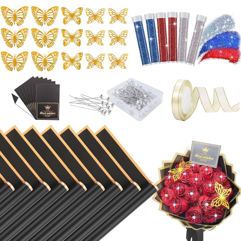 Photo 1 of 20 Sheets Flower Wrapping Paper, Waterproof Bouquet Wrapping Paper, Floral Wrapping Paper for Flowers Bouquets with Ribbon Glitter Pins and Butterflies, Papel Para Ramos De Flores(Black)
