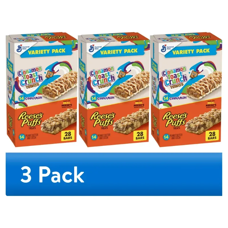 Photo 1 of (3 pack) Reese's Puffs Cinnamon Toast Crunch Cereal Treat Bars Variety Pack, 28 ct--- best by -- 18aug2024
