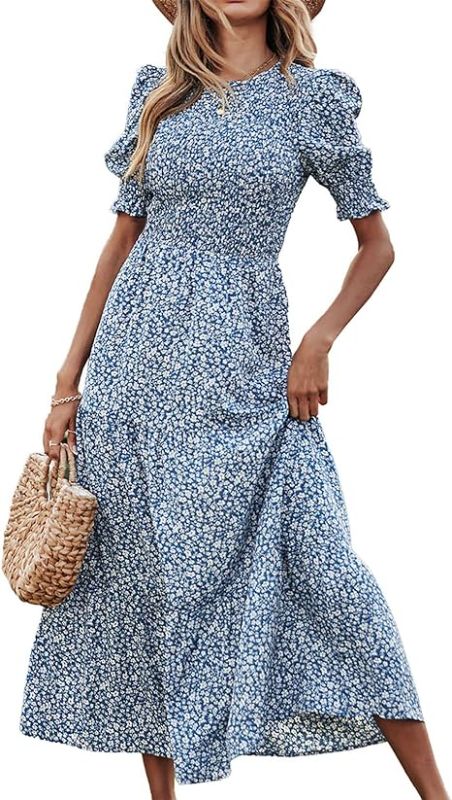 Photo 1 of BTFBM Women Square Neck Smocked Dresses 2024 Summer Spring Long Sleeve Floral Swiss Dot Ruffle Party  Babydoll Dress Floral boho flowy 