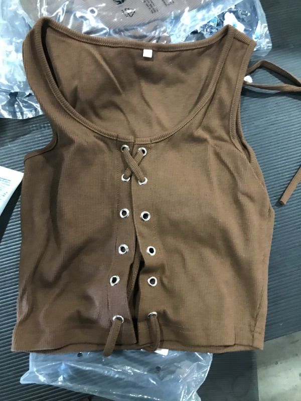 Photo 2 of Artfish Women's Sexy Lace Up Front Ribbed Tank Top Sleeveless Basic Cami Shirt Small Mocha Brown