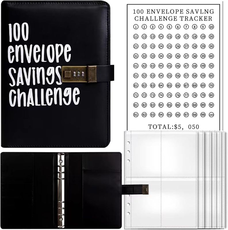 Photo 1 of 100 Envelopes Money Saving Challenge with Combination Lock Easy and Fun Way to Save $5,050, Money Saving Binder Challenge Book Binder with Cash Envelopes Gift for Christmas Birthday (black)
