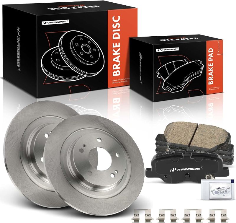 Photo 1 of A-Premium 11.88 inch (302mm) Rear Solid Disc Brake Rotors + Ceramic Pads Kit Compatible with Select Mitsubishi Models - Outlander 2014-2018, Outlander Sport 2013-2022, RVR 2013-2018, 6-PC Set 