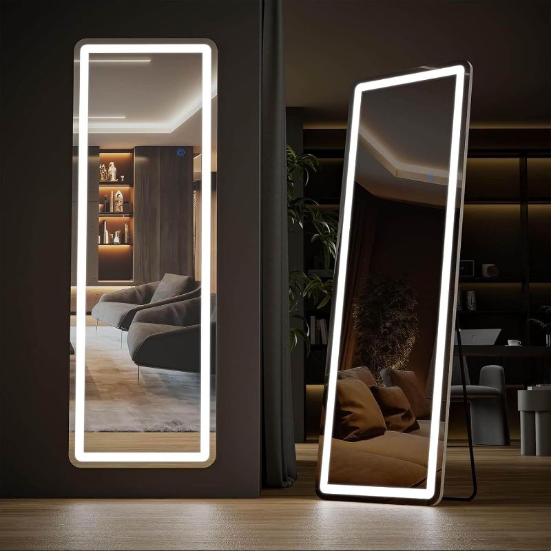 Photo 1 of 65" x 24" Full Length Mirror with Lights and Stand Touch Control - Wall Mounted and Floor Standing Mirror,LED Lighted Full Body Dressing Mirror,Vanity Mirror for Bedroom(White)
