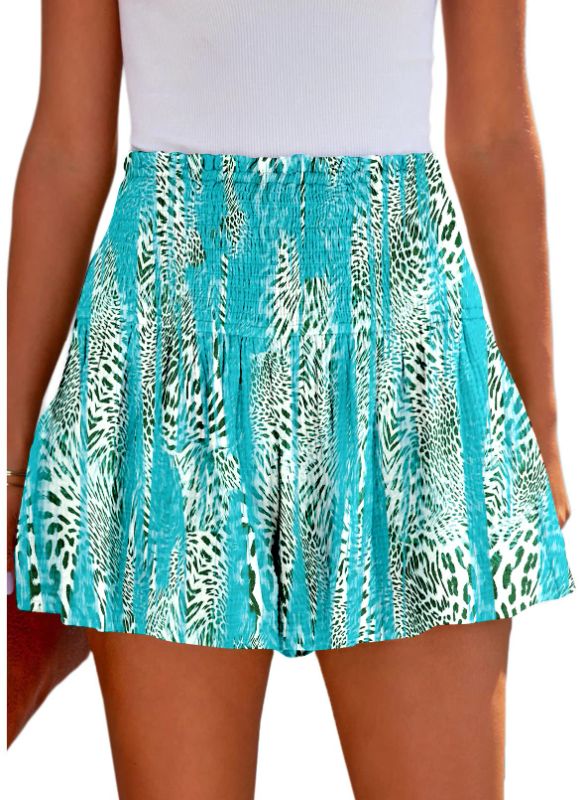 Photo 1 of BeadChica Womens Casual Cute Summer Shorts Elastic High Waisted Pleated Ruffle Comfy Flowy Short Beach Pants Small Light Leopard