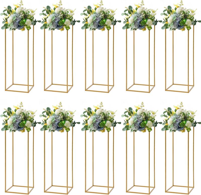 Photo 1 of 10 Pcs Gold Wedding Flower Vase, Metal Column Flower Holder, 32in/80cm Metal Geometric Centerpieces Vase for Table, Home Party Wedding Decorations Flower Stand
