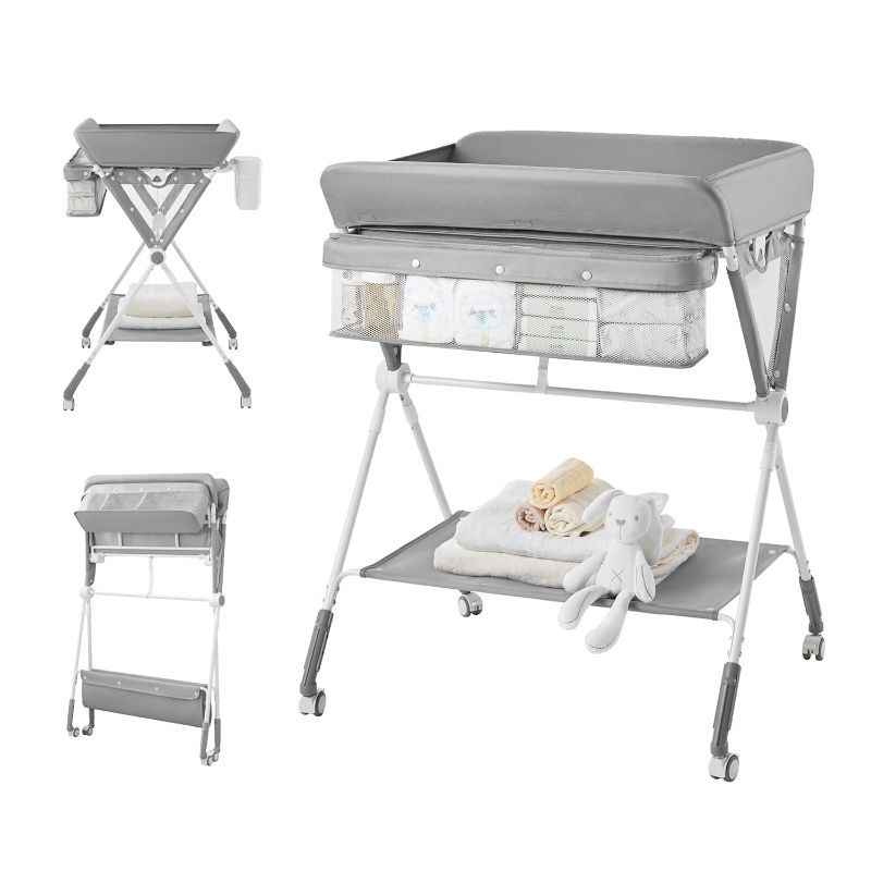 Photo 1 of Baby Portable Diaper Changing Table, Foldable Changing Table for Baby with Wheels, Baby Diaper Changing Station with 3-Level Adjustable Height, Portable Changing Table with Large Organizers
