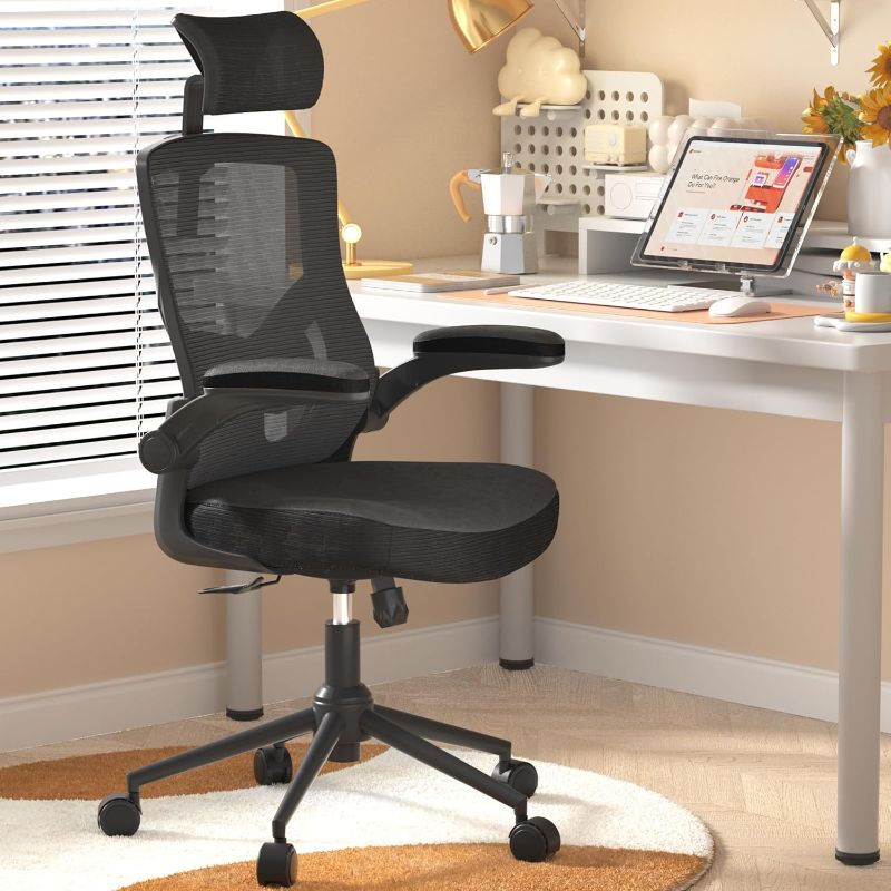 Photo 1 of ???? ?????? ?????, Ergonomic Mesh Desk Chair, High Back Computer Chair- Adjustable Headrest with Flip-Up Arms, Lumbar Support, Swivel Executive Task Chair (Modern, Black)
