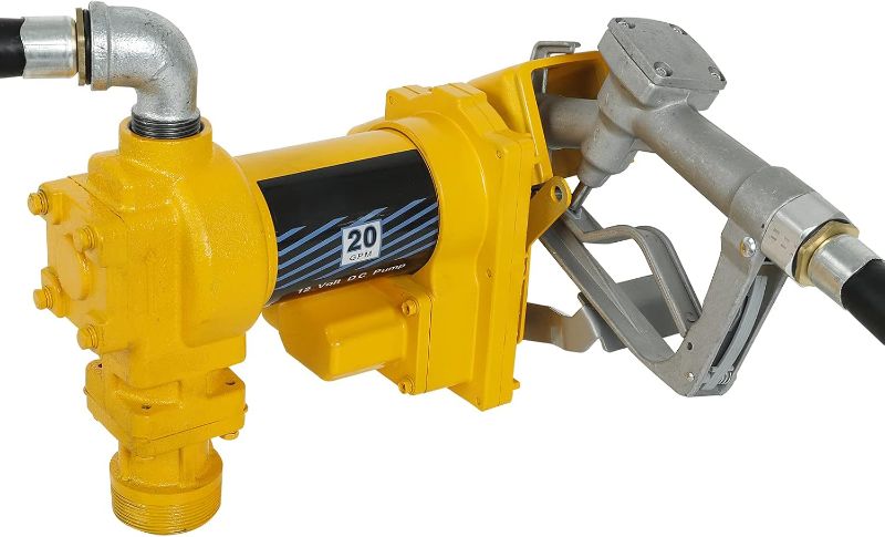 Photo 1 of 12V 20 GPM Fuel Transfer Pump with (Manual Nozzle, Discharge Hose, Suction Pipe) for Gas Diesel Kerosene, Yellow
