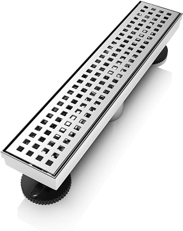 Photo 1 of 12 Inch Shower Linear Brushed Drain Rectangular Floor Drain with Accessories Square Hole Pattern Cover Grate Removable SUS304 Stainless Steel CUPC Certified Brushed
