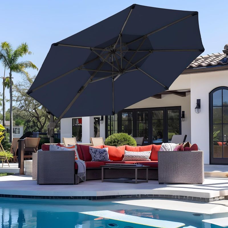 Photo 1 of 
wikiwiki 12 FT 2 Tiers Cantilever Patio Umbrella, Offset Umbrella Outdoor Patio, 6-Level 360°Rotation Heavy Duty Large Umbrella with Cross Base, Navy Blue
Color:Navy Blue