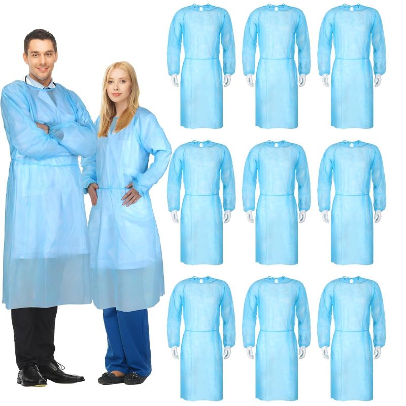 Photo 1 of 150 Pack Disposable Isolation Gowns PPE Gowns Disposable Bulk Fully Closed Double Tie Back Elastic Cuffs for Home Isolation, Labs, Dental, Beauty Agencies, Tattoo Practices, Unisex (Blue)