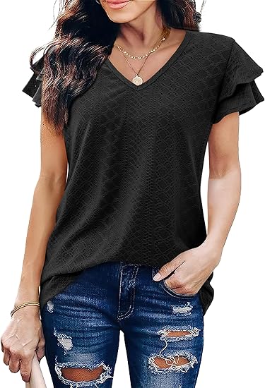 Photo 1 of Amoretu Womens Summer Tops V Neck Ruffle Short Sleeve T Shirts Eyelet Loose Fit L
