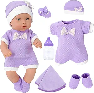 Photo 1 of 12 Inch Baby Doll Playset with Reborn Baby Dolls Clothes and Accessories Including Purple Jumpsuit, Hats, Socks, Bottles, Nipple, Blanket