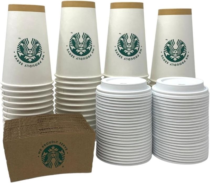 Photo 1 of [Pack of 50 Each] 16 oz Disposable To Go Paper Coffee Cups with Sleeves and Lids. Hot Beverage cups for Coffee, Tea, Water or Juice. In TiendaStore Packaging
