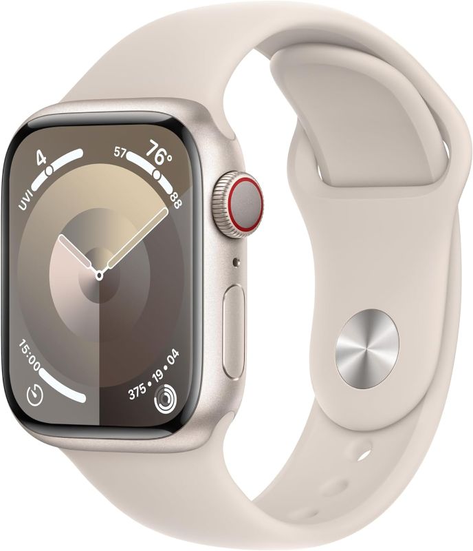 Photo 1 of Apple Watch Series 9 [GPS + Cellular 41mm] Smartwatch with Starlight Aluminum Case with Starlight Sport Band S/M. Fitness Tracker, ECG Apps, Always-On Retina Display
