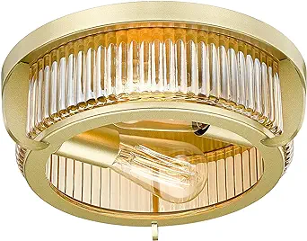 Photo 1 of 12 Inch Ceiling Light Fixtures Flush Mount 2-Light Ceiling Lights with Striped Glass, Industrial Indoor Outdoor Ceiling Lights for Porch Hallway Bedroom (Gold)