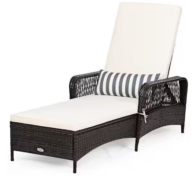 Photo 1 of 1-Piece Wicker Outdoor Chaise Lounge Armrest Recliner with Beige Cushions Adjustable Height
