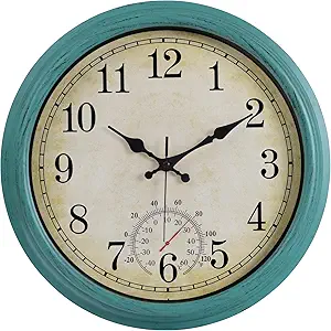 Photo 1 of 16 Inch Large Outdoor Clock, Waterproof Wall Clock with Thermometer, Battery Operated Silent Non-Ticking Vintage Wall Clock Quartz Round Clock Home Decor,Green