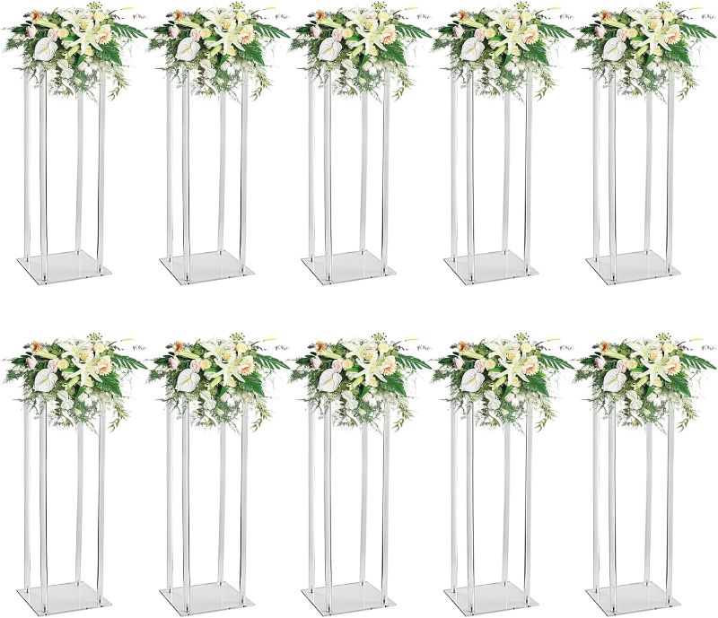 Photo 1 of 10 Pcs Acrylic Clear Vases for Wedding Centerpieces, 31.5" Tall Flower Vases, Engagement Home Party Table Decor Centerpiece Vases, Rectangular Acrylic Flower Stand with 50 Pcs Gold Napkin Rings
