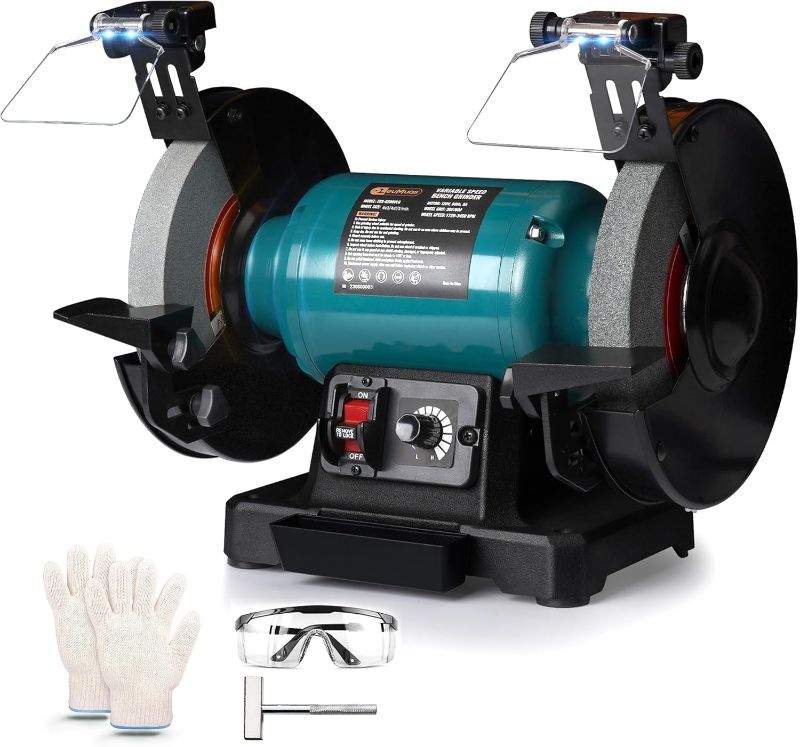 Photo 1 of Bench Grinder, 6" Variable Speed Bench Grinder, 1/2 HP, Brushless Motor 1725-3450 RPM, Bench Grinder with Work Light, Cast Iron Base,Adjustable Eye Shield and Spark Deflector
