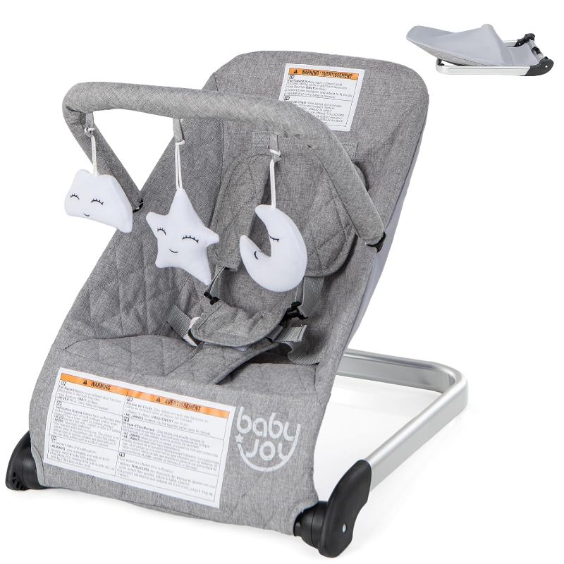 Photo 1 of BABY JOY Baby Bouncer, Foldable Baby Bouncer Seat with 5-Point Safety Harness, Removable Fabric Cover & 3 Plush Toys, Portable Infant Bouncer for Babies 0-6 Months (Grey)
