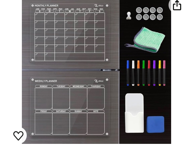 Photo 1 of Acrylic Magnetic Calendar for Fridge 2 Pack, 1 Monthly Fridge Calendar, 1 Weekly Calendar, 8 Dry Erase Markers, Magnetic Eraser, Marker Holder, Microfiber Cloth (12in x 16in)