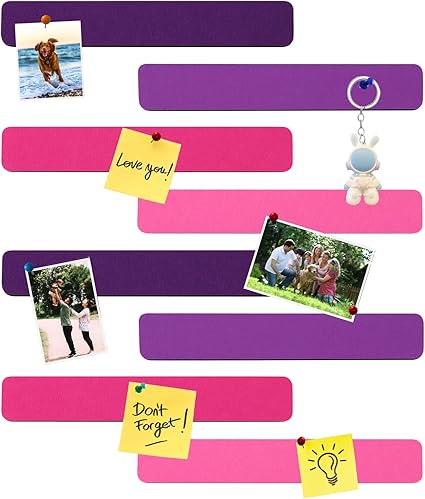 Photo 1 of 8Pcs Rectangle Felt Cork Board Bar Strips with 35 Pushpins, Self-Adhesive Bulletin Board Strips for Office School Home Wall Decor Stickers Memos Schedules Photos Display -Gradual Purple