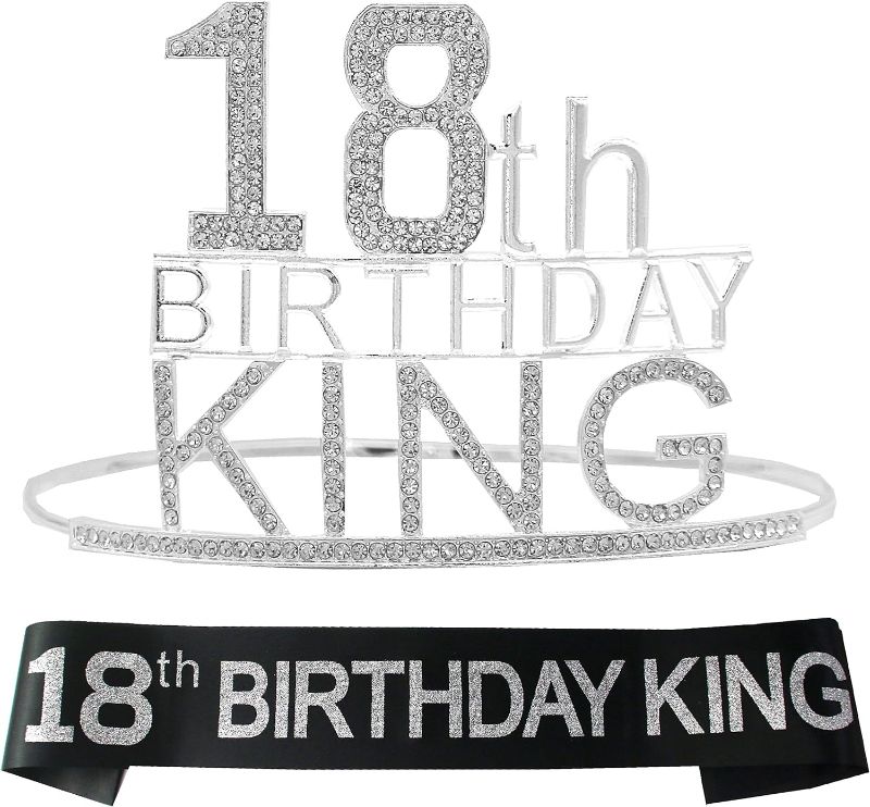 Photo 1 of 18th Birthday King Crown and Sash for Boys - Majesty Gold & Black Premium Metal Crown for Him + Blue & Gold Sash, 18th Birthday Accessory Set Gifts for Teenegers Party , 18th birthday sash
