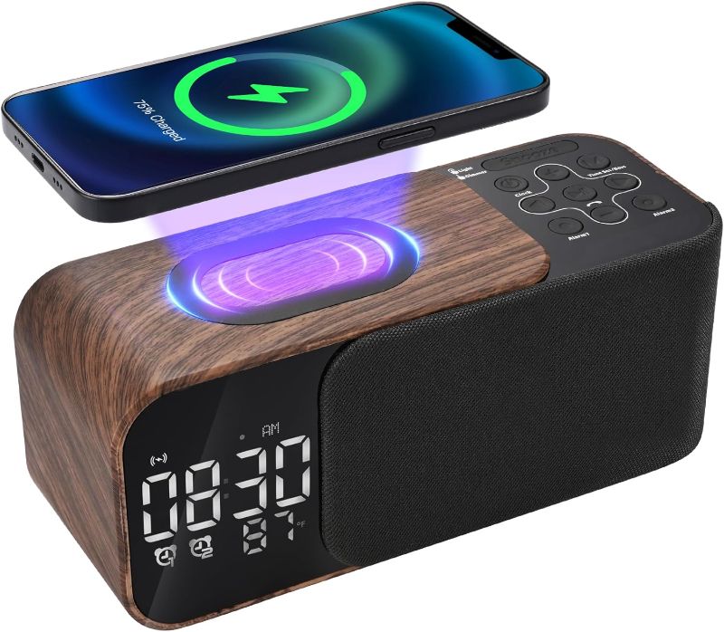 Photo 1 of Alarm Clock with Bluetooth Speaker, 12 Soothing Songs Wood Color Clock Radio with Wireless Charger, Dual Alarm Clocks, Dimmable LED Alarm Clock, Snooze, FM, AUX, TF Card