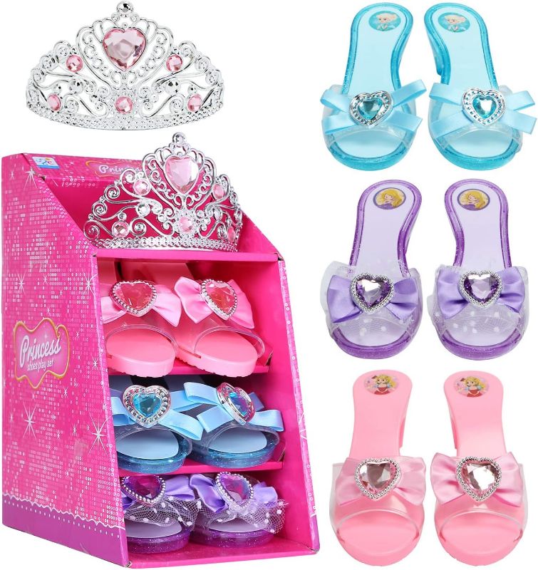 Photo 1 of  Girls Play Set! Fashion Princess Dress Up Shoes and Tiara (3 Pairs of Shoes + 1 Tiara) Role Play Collection for Little Girls