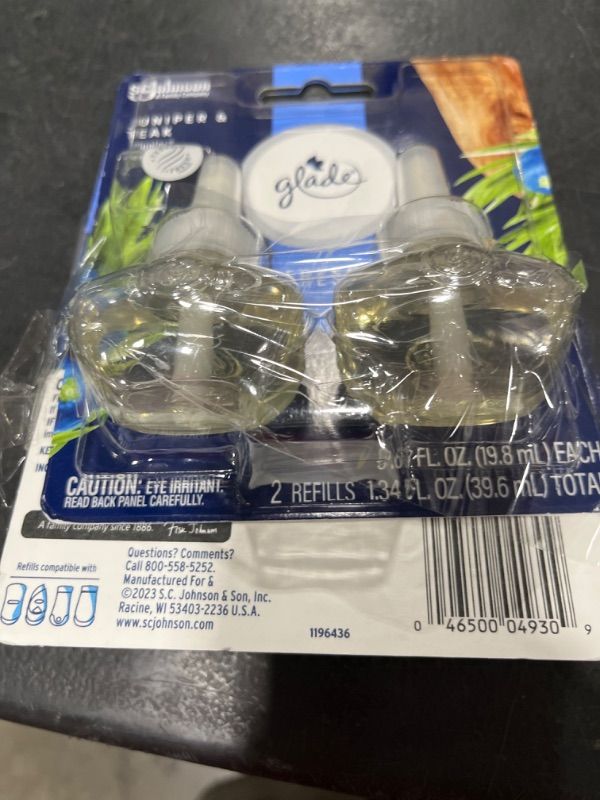 Photo 1 of Glade PlugIns Refills Air Freshener, Scented and Essential Oils for Home and Bathroom, Juniper & Teak, Fresh Collection 1.34 Fl Oz, 2 Count Pack x2