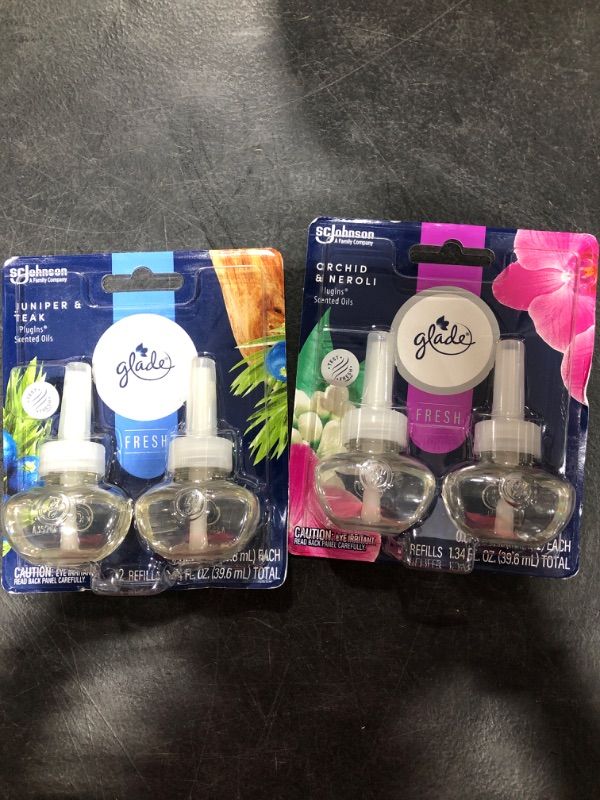 Photo 1 of 2 PACK Glade PlugIns Refills Air Freshener, Scented and Essential Oils for Home and Bathroom, Juniper & Teak, Orchid and Neroli 1.34 Fl Oz, 4 Count
