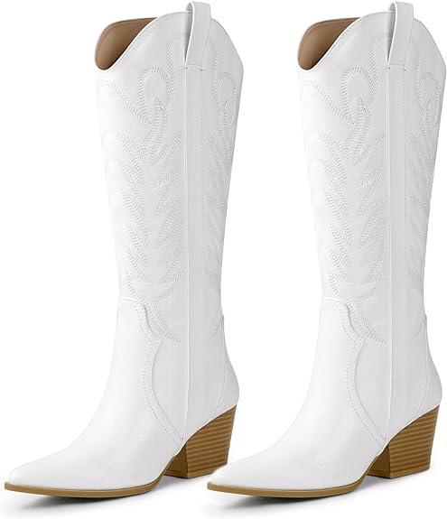 Photo 1 of Arromic Cowboy Boots for Women Comfortable Womens Embroidered Western Cowgirl Knee High Boots Pointed Toe Zipper Chunky Heel Country Outfit Retro Tall Boots - 8.5