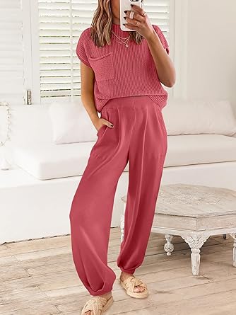 Photo 1 of ANRABESS Women's Two Piece Outfits Knit Sweater Pullover Crop Top & Pants Lounge Matching Tracksuit Sweatsuit Sets
