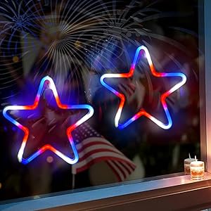 Photo 1 of 2 Pack Hanging Star LED Neon Sign for Wall Decor Indoor Outdoor, 4th of July Decorations Red White and Blue Neon Lights Sign Battery Powered for Independence Day Memorial Day Party Room Yard Patriotic