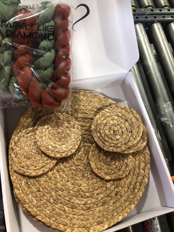 Photo 2 of 14 Pieces Round Woven Placemat Set - Set of 6 Placemats & 6 Coasters & 2 Table Runners, 13.4” Wicker Water Hyacinth Farmhouse Place Mats, Straw Braided Rattan Table Mats for Charger Plates, Rustic