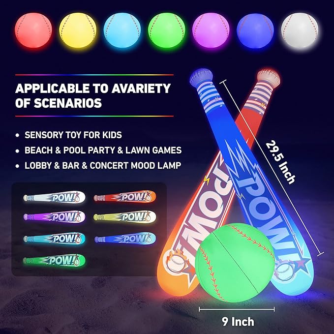 Photo 1 of 3 PCS LED Inflatable Baseball Bats - Pool Toys, Beach Games, 29.5 Inches Baseball Bats Gift, Pool Accessory, Fun Outdoor Toy for Kids 8-12, Perfect for Beach Party Games and Kid Pool.