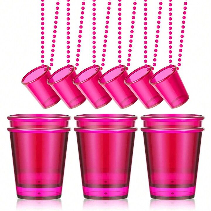 Photo 1 of 12 Pieces Happy Birthday Shot Glass Necklace on Beaded Plastic Shot Necklace Cup for Birthday Wedding Party Supplies (Rose Red)