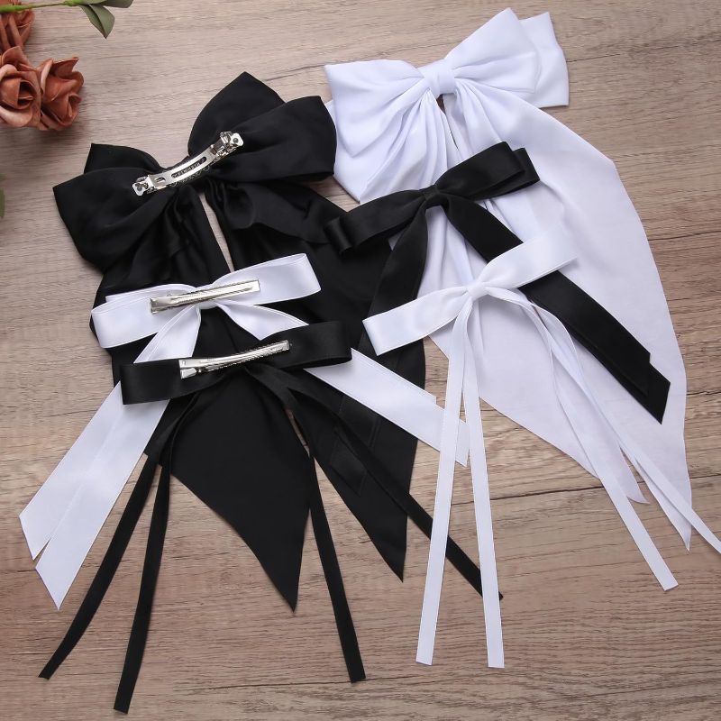 Photo 1 of 6pcs Hair Bows for Women Adults Girls, Hair Bows Clips Hair Ribbon Tassel with Long Tail, Cute Hair Accessories Silky Satin Barrettes Ponytail Holder Bow (Black & White, 3 Size)
