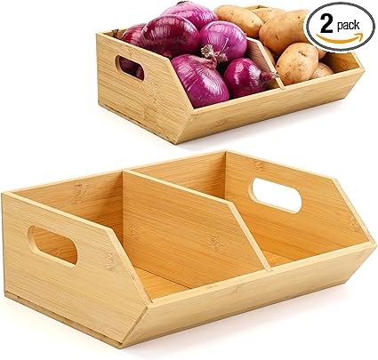 Photo 1 of 2 Set Bamboo Storage Bins, Pantry Organizers and Storage, Kitchen Countertop Organization and Storage Basket for Produce, Onions, Potatoes, Garlic, Fruits, Vegetable and Bread