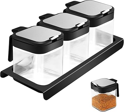 Photo 1 of 3 Boxes Condiment Jar Spice Container Set, 8.6oz Clear Glass Condiment Canisters Pots, Spice Jars with Lids and Spoons, Seasoning Box Salt Sugar Container for Kitchen (Black)