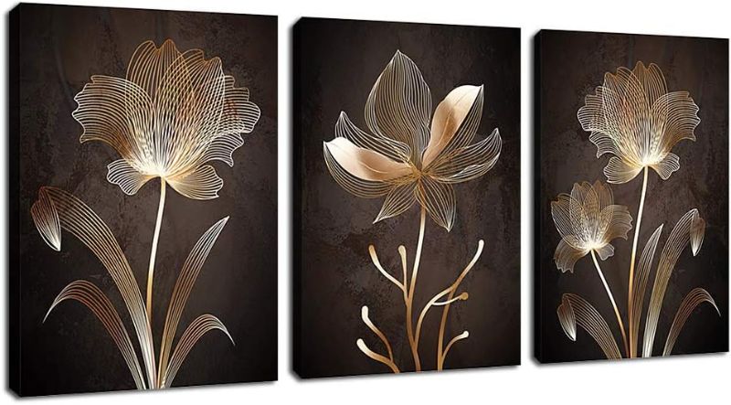 Photo 1 of arteWOODS Abstract Wall Art Brown Flowers Canvas Pictures Contemporary Minimalism Abstract Flower Artwork for Bedroom Bathroom Living Room Wall Decor 12" x 16" x 3 Pieces
