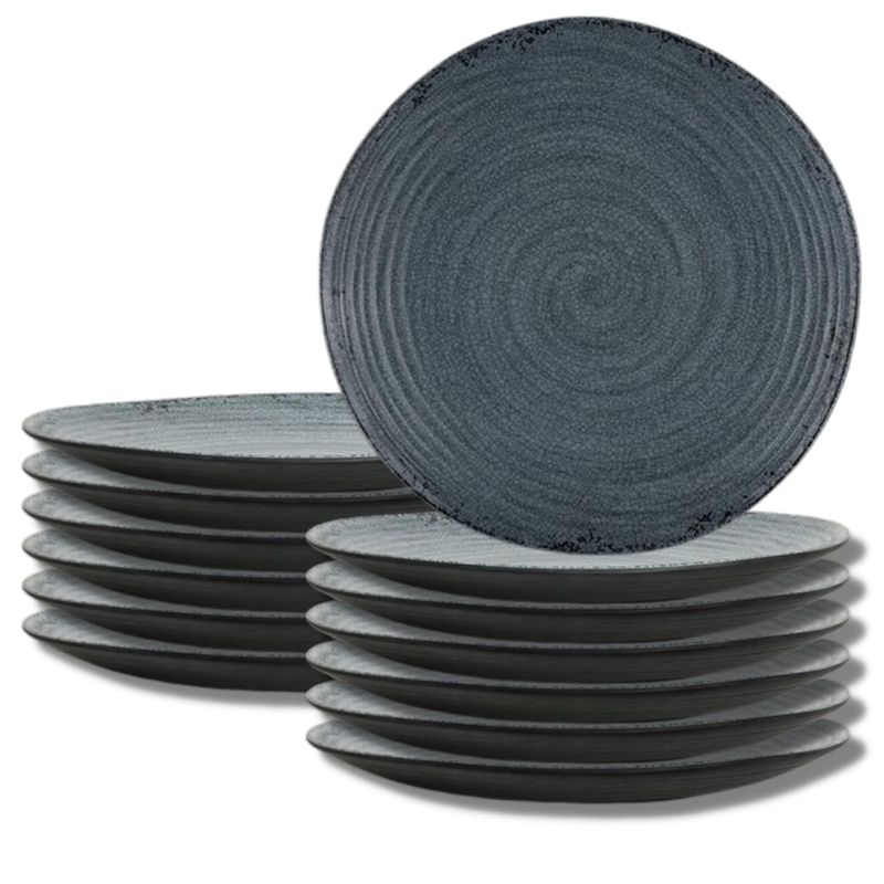 Photo 1 of 7184TM075 Melamine Large Dinner Plate, Heavy Duty Unbreakable Grade, Pompeii Slate 11" Round, Crazed Textured, Stackable, Set of 12, Blue Black
